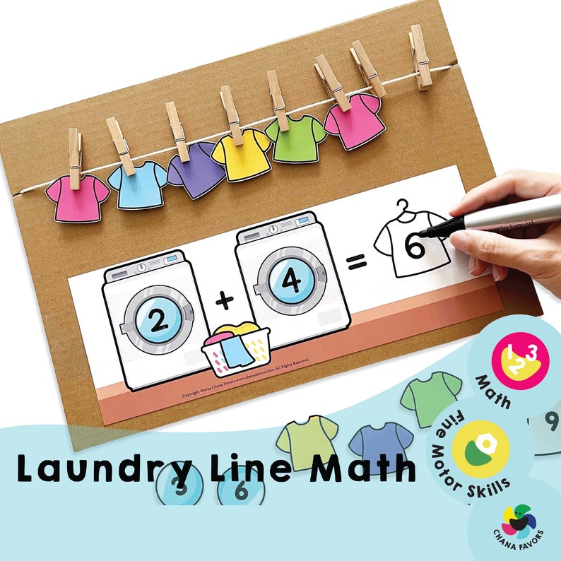 Laundry Line Math Printable Addition Subtraction Game for Kids Fun Learning Activity for Math Fluency Math Game for Kids zdjęcie 1