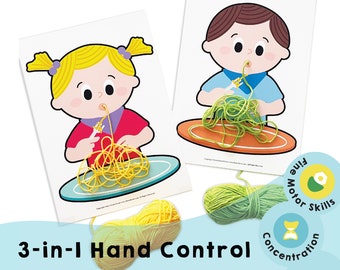 May include: Two illustrated cards with children eating spaghetti. The cards are part of a 3-in-1 Hand Control activity set. The set includes two balls of yarn, one yellow and one green, and three circular stickers with the words "Fine Motor Skills", "Concentration", and "Chana Favors".