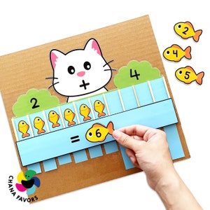 Matematica per gatti e pesci stampabile Addizione e sottrazione fino a 10 Divertimento scolastico in età prescolare per visualizzare e risolvere i primi calcoli immagine 3