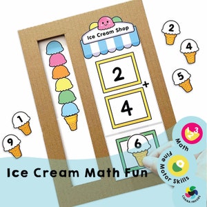 Illustration of an ice cream shop with addition and subtraction signs on the windows, and ice cream scoops on a bar, representing a printable math activity for children.