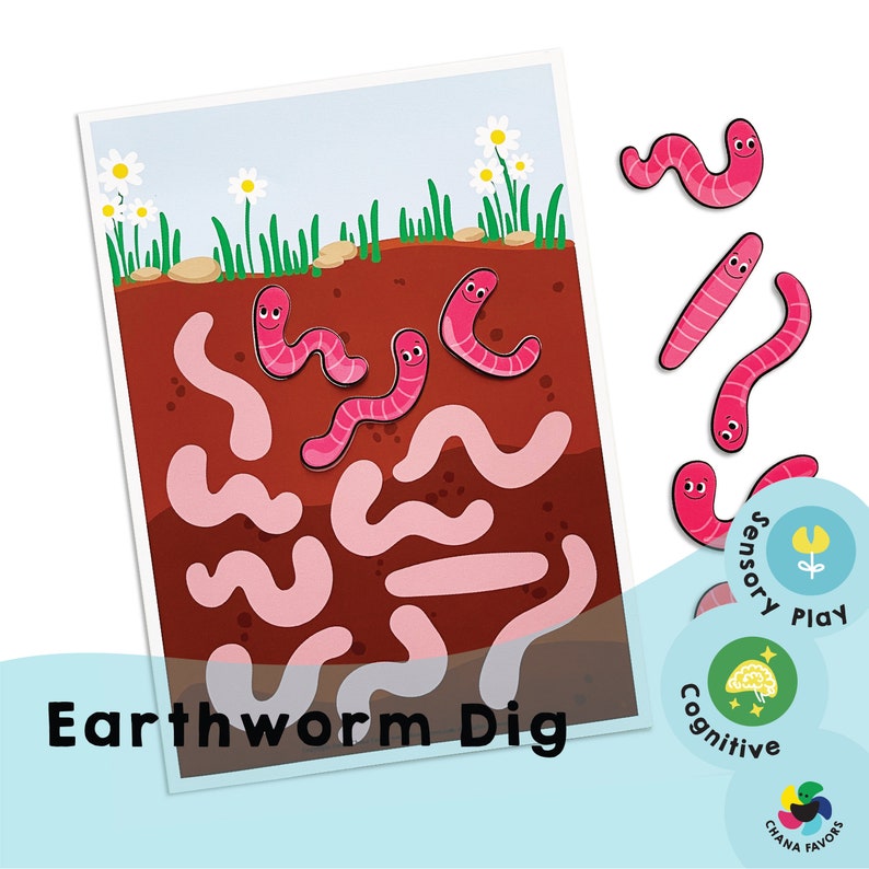 Op de afbeelding: Een educatief spel voor kinderen met roze regenwormen. Het spel bevat een kleurrijke illustratie van een tuin met regenwormen en een set roze regenwormstukken. Het spel is gelabeld "Earthworm Dig" en bevat labels voor "Sensory Play" en "Cognitive".