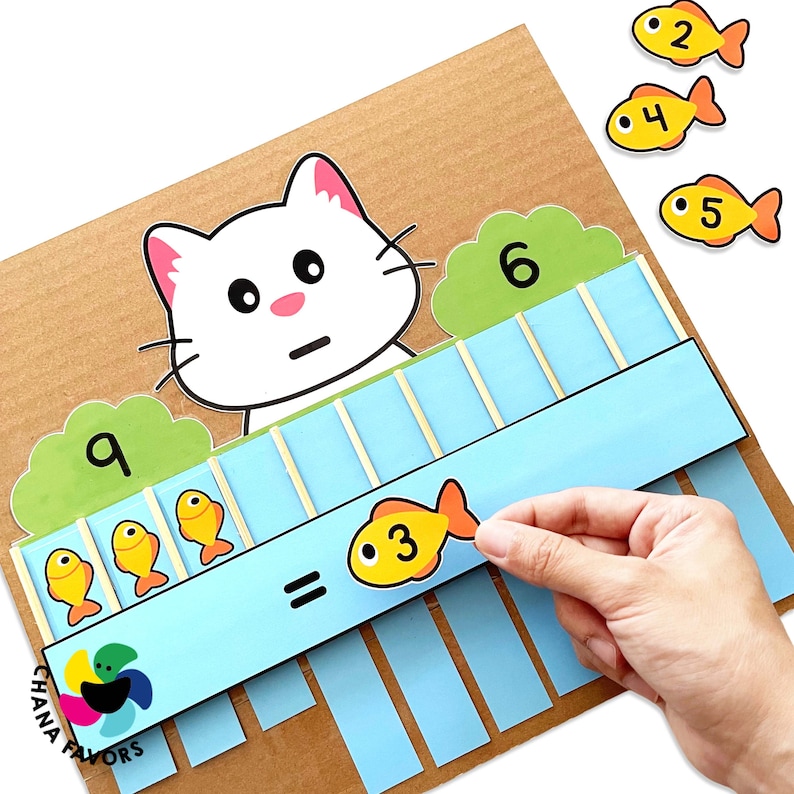 Cat and Fish Math Printable Addition and Subtraction up to 10 Preschool homeschool fun for visualizing and solving early math image 4