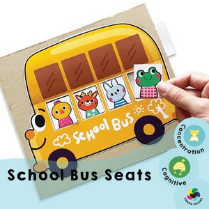 School Bus Seats Printable Memory Game Cover - Cartoon school bus with animal characters and learning cards.