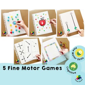 Puede incluir: Se muestran cinco juegos de motricidad fina, con actividades que utilizan pompones de colores, una ilustración de manzana y clips. El texto "5 Fine Motor Games" es visible. Los juegos están diseñados para desarrollar habilidades cognitivas.