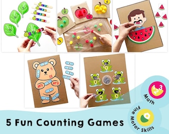 May include: Five colorful counting games for kids. The games feature a variety of themes, including bugs, fruit, and animals. The games are designed to help children learn to count and develop fine motor skills.  Math and Fine Motor Skills.