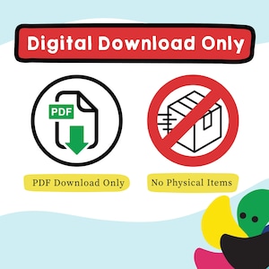 Op de afbeelding: Alleen digitale download. Een rode cirkel met een diagonale lijn erdoorheen bevat een zwart-witte illustratie van een doos. Een witte cirkel met een zwarte omtrek bevat een zwart-witte illustratie van een PDF-bestand met een groen "PDF"-label en een pijl die naar beneden wijst. De tekst "Alleen PDF-download" staat onder het PDF-pictogram. De tekst "Geen fysieke items" staat onder het doos-pictogram.