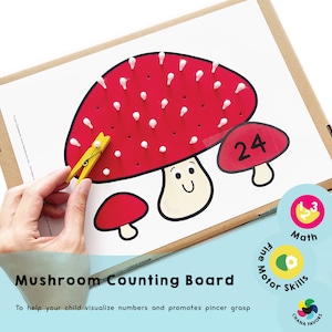 Mushroom Counting Board -Printable preschool math resources to help your child visualize numbers and promotes pincer grasp development