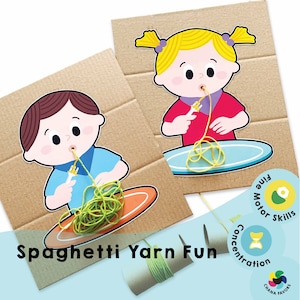 Può includere: Due fogli di attività artigianali per bambini con un tema di divertimento con lo spago spaghetti. I fogli presentano illustrazioni di bambini che mangiano spaghetti con lo spago. I fogli sono stampati su cartone marrone. I fogli sono accompagnati da un rotolo di spago e un set di etichette di abilità: abilità motorie fini, concentrazione e creatività.
