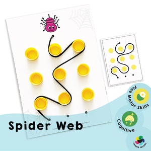 以下が含まれることがあります： 子供向けの印刷可能なクモの巣ゲーム。ゲームにはクモと、黄色のボトルキャップでできたクモの巣があります。子供は糸を使ってクモを巣の中を案内する必要があります。このゲームは、子供の細かい運動能力と認知能力の発達を助けるために設計されています。