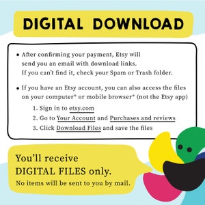 Op de afbeelding: Een gele en groene illustratie van een bloem met een spraakballon die zegt: "Je ontvangt ALLEEN DIGITALE BESTANDEN. Er worden geen items per post verzonden." De tekst onder de illustratie legt uit hoe je digitale bestanden kunt downloaden na aankoop bij Etsy.
