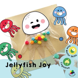 Colorful jellyfish-themed Pom Pom Color Play printable for fine motor skill development. Engage your child in a fun learning adventure with vibrant colors and interactive play. Ideal for early learners and homeschooling activities.