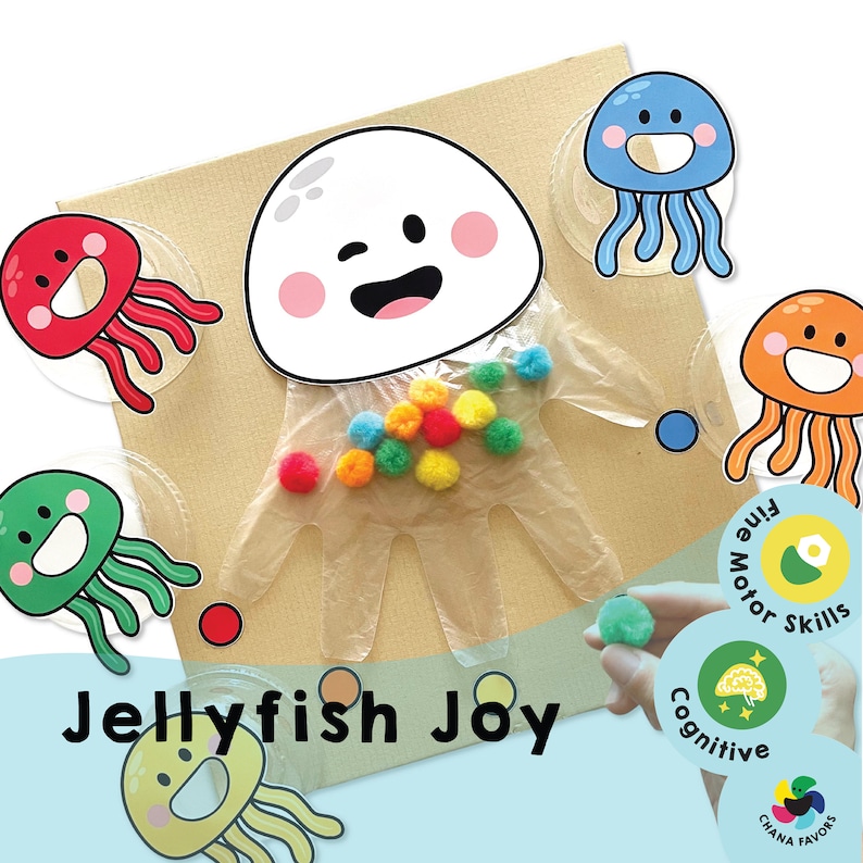 Colorful jellyfish-themed Pom Pom Color Play printable for fine motor skill development. Engage your child in a fun learning adventure with vibrant colors and interactive play. Ideal for early learners and homeschooling activities.
