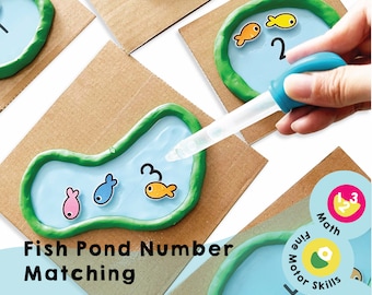 Coincidencia de números en estanques de peces: recursos imprimibles para ayudar a conectar números y contar y mejorar las habilidades motoras finas - Juego de aprendizaje para niños