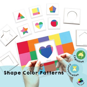 May include: A set of colourful shape and colour matching cards for children. The cards feature different shapes, such as a star, heart, circle, and square, each divided into sections of different colours. The cards are designed to help children develop their cognitive skills, concentration, and shape recognition.