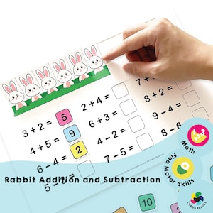Puede incluir: Una hoja de trabajo imprimible con un diseño colorido que presenta conejos y problemas de matemáticas. La hoja de trabajo incluye problemas de suma y resta con números del 1 al 10. La hoja de trabajo se titula "Suma y resta de conejos".