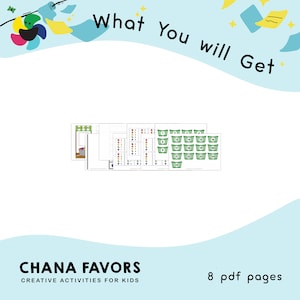 May include: A printable PDF activity pack for kids featuring 8 pages of creative activities. The image shows a sample page with a classroom layout and numbered baskets.