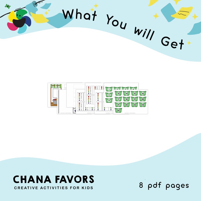 May include: A printable PDF activity pack for kids featuring 8 pages of creative activities. The image shows a sample page with a classroom layout and numbered baskets.