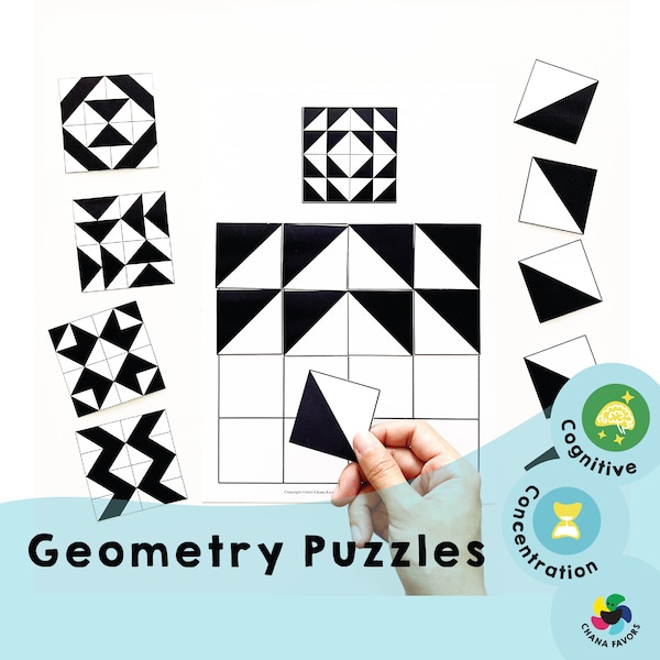 Geometry Puzzles -Printable puzzle games to stimulate brain activity for concentration and working memory of children, adults or the elderly