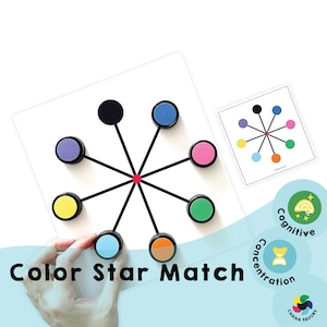 Op de afbeelding: Kleuren Ster Match spel met een zwarte ster in het midden en zes gekleurde cirkels eromheen. Het spel is ontworpen om de cognitieve vaardigheden en concentratie te verbeteren.