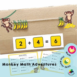 May include: A printable worksheet for kids featuring a monkey theme and math problems involving addition and subtraction. The worksheet includes a visual representation of bananas to help children learn basic math concepts. The text on the worksheet reads "Monkey Math Adventures".