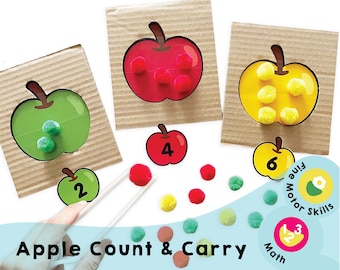 Apple Count and Carry printbaar - Verbeter de wiskundige en motorische vaardigheden! Leerspel voor kinderen! Ontwikkel hand-oogcoördinatie en nummerherkenning.