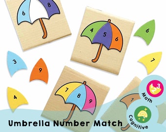Stampabile la corrispondenza dei numeri dell'ombrello - Impara i numeri da 1 a 10 e rafforza le abilità con i numeri con il gioco educativo interattivo per bambini