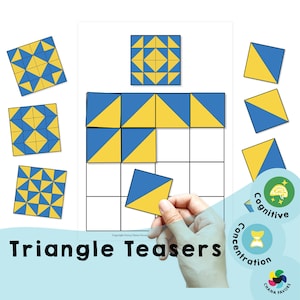 Puede incluir: Un juego de rompecabezas de triángulos imprimible con una cuadrícula y piezas de triángulos azules y amarillas. El juego está etiquetado como "Triangle Teasers" e incluye las palabras "Cognitive" y "Concentration".