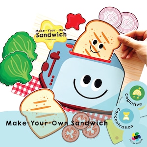 Puede incluir: Un conjunto de juego de fieltro colorido para niños con una tostadora azul sonriente, una rebanada de pan, un tomate rojo, una lechuga verde, una estrella roja y una cebolla morada. El conjunto incluye el texto "Make Your Own Sandwich".