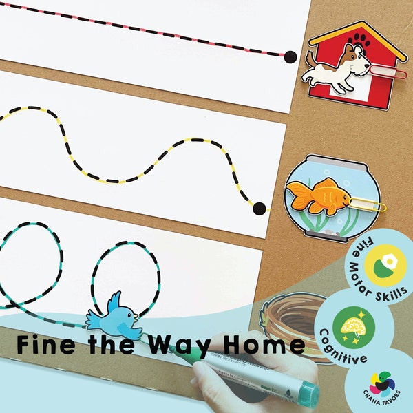 Trova la strada di casa stampabile - Divertente gioco di apprendimento per sviluppare le capacità motorie dei bambini e la coordinazione occhio-mano per la pre-scrittura - Scarica