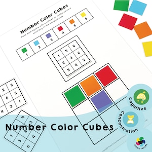 Op de afbeelding: Een printbaar werkblad voor een kleur- en getallenkubusspel. Het werkblad heeft een raster met de nummers 1 tot en met 6 en een kleurcode. Het spel is ontworpen om kinderen te helpen kleuren en getallen te leren.