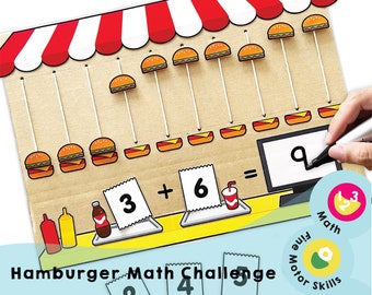 Hamburger Math Challenge - Gioco di matematica stampabile per bambini! Potenzia le abilità motorie e numeriche! Imparare con entusiasmanti attività pratiche.