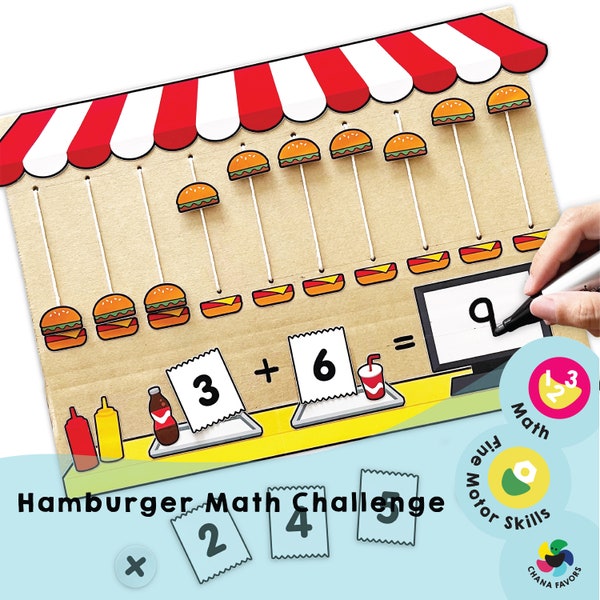 Hamburger Math Challenge - ¡Juego de matemáticas imprimible para niños! ¡Aumenta la motricidad fina y las habilidades numéricas! Aprenda con emocionantes actividades prácticas.