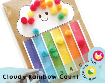 Cloudy Rainbow Count Printable - Verbind getallen en hoeveelheden, vergelijk collecties, verbeter de fijne motoriek - Leuk leerspel voor kinderen