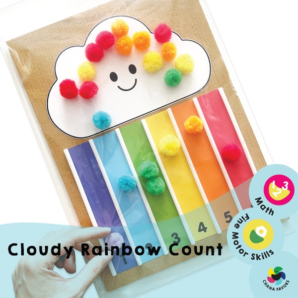 Cloudy Rainbow Count Printable - Verbindet Zahlen und Mengen, vergleicht Sammlungen, fördert die Feinmotorik