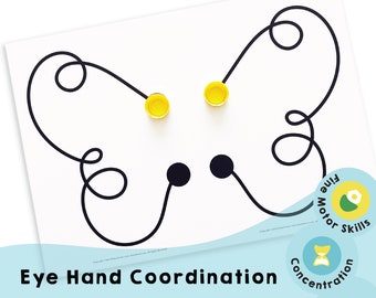 May include: A black and white line drawing of a butterfly on a white background. The butterfly has two yellow circles on its wings. The image is labelled "Eye Hand Coordination" and includes icons for "Fine Motor Skills", "Concentration", and "Chana Favors".