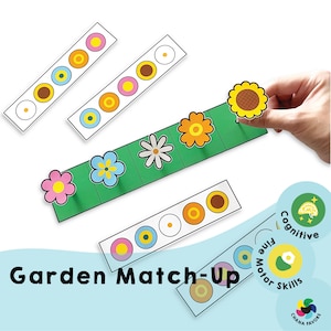 Könnte beinhalten: Ein farbenfrohes Garten-Zuordnungs-Spiel für Kinder. Das Spiel verfügt über einen grünen Pfad mit Blumenkarten und passenden Karten mit verschiedenen farbigen Kreisen. Das Spiel soll Kindern helfen, ihre Feinmotorik und ihre kognitiven Fähigkeiten zu entwickeln.