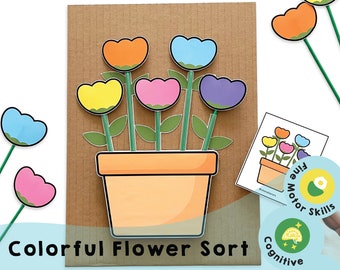 Bunte Blumensortierung zum Ausdrucken – eine lustige Feinmotorik-Aktivität! Farbanpassungsspiel für Kinder, Sofortiger Download