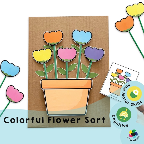 Colorful Flower Sort Printable - Fun Fine Motor Skills Activity!  Color Matching Game for Kids, Instant Download