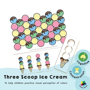 May include: A printable educational game for children featuring a colorful ice cream cone with three scoops of ice cream. The game is designed to help children practice visual perception of colors. The text on the page reads "Three Scoop Ice Cream" and "To help children practice visual perception of colors".