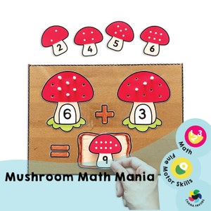 Mushroom Math Mania imprimible Juego de suma Actividad de aprendizaje Promueve la visualización de números y el desarrollo del agarre de pinza imagen 1