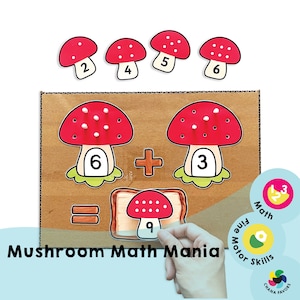 Mushroom Math Mania - Printable PDF - Download Only - Addition Game Activity - Promotes Number Visualization, Pincer Grasp Development