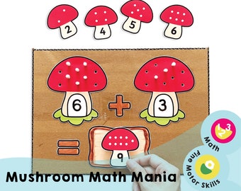 Mushroom Math Mania stampabile - Gioco di addizione - Attività di apprendimento - Promuove la visualizzazione dei numeri e lo sviluppo della presa a tenaglia