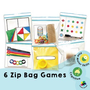 6 Taschenspiele - Druckbare PDF - Nur Download - Lernkit für Kinder - Quiet Time Busy Bags, Reisespiele, Entwicklung der Feinmotorik