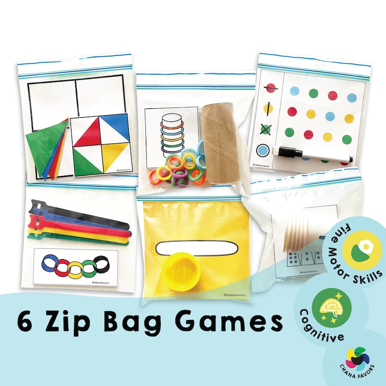Image of six colorful printable kids’ games, for matching, stacking, and creative play. Features neatly arranged cards, props, and vibrant designs showcasing portability and fun. Printable for instant download by Chanafavors. Available on Etsy store.