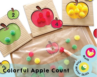 Colorful Apple Count - Printable for Preschool Kids - Fine Motor Skills, Number Recognition, Educational Games, Montessori Inspired