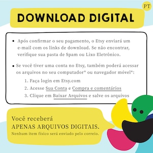 Op de afbeelding: Een gele en blauwe grafiek met de tekst "DOWNLOAD DIGITAL" in grote, vetgedrukte, gele letters. De tekst hieronder legt uit dat de koper na aankoop van een digitaal item een e-mail ontvangt met een downloadlink. De koper kan ook toegang krijgen tot de bestanden op zijn computer of mobiele apparaat door in te loggen op zijn Etsy-account. De grafiek geeft ook aan dat de koper alleen digitale bestanden ontvangt en dat er geen fysieke items worden verzonden.