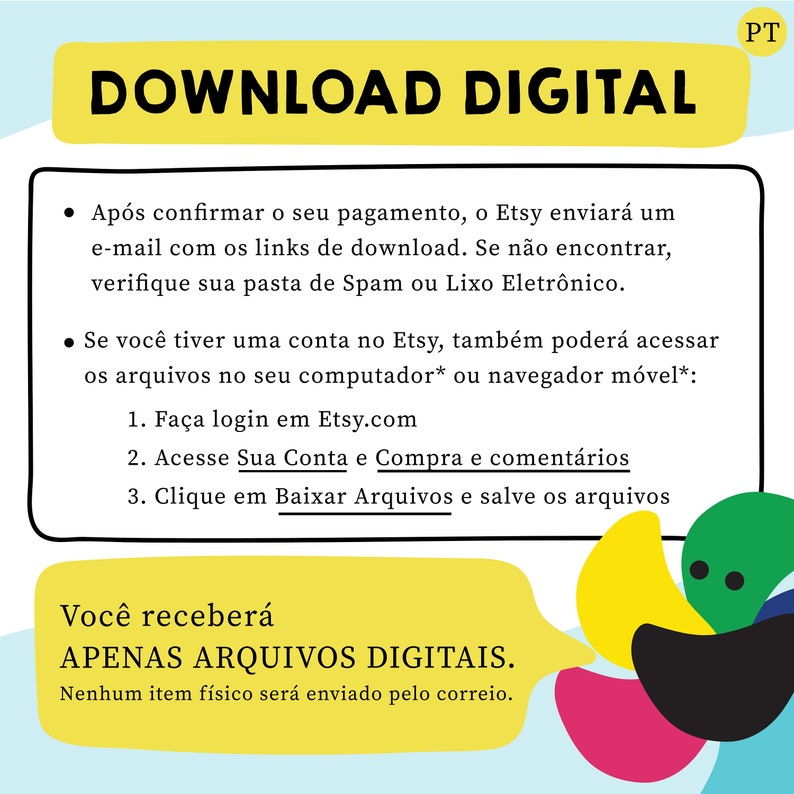 Op de afbeelding: Een gele en blauwe grafiek met de tekst "DOWNLOAD DIGITAL" in grote, vetgedrukte, gele letters. De tekst hieronder legt uit dat de koper na aankoop van een digitaal item een e-mail ontvangt met een downloadlink. De koper kan ook toegang krijgen tot de bestanden op zijn computer of mobiele apparaat door in te loggen op zijn Etsy-account. De grafiek geeft ook aan dat de koper alleen digitale bestanden ontvangt en dat er geen fysieke items worden verzonden.
