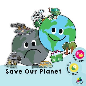 Puede incluir: Dos globos terráqueos de dibujos animados, uno triste y gris con símbolos de contaminación, el otro feliz y azul con árboles verdes y un coche. El texto dice "Salvemos nuestro planeta". La imagen también incluye iconos para el lenguaje, las habilidades motoras finas y las habilidades motoras gruesas.