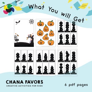 May include: Six printable pages of Halloween-themed activities for kids. The pages feature black and white silhouettes of pumpkins and a page with colorful pumpkin illustrations.