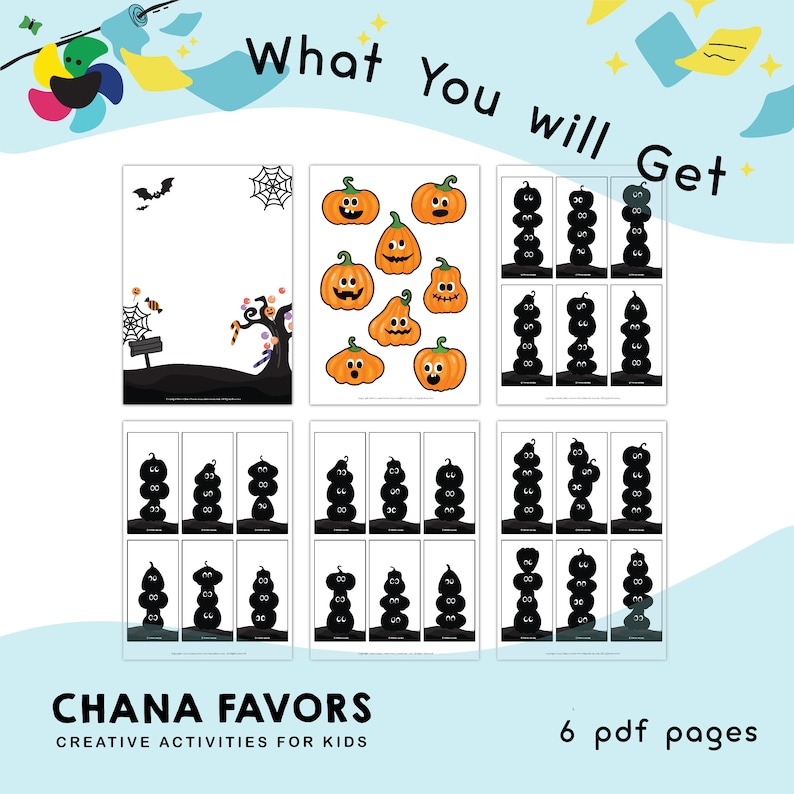 May include: Six printable pages of Halloween-themed activities for kids. The pages feature black and white silhouettes of pumpkins and a page with colorful pumpkin illustrations.